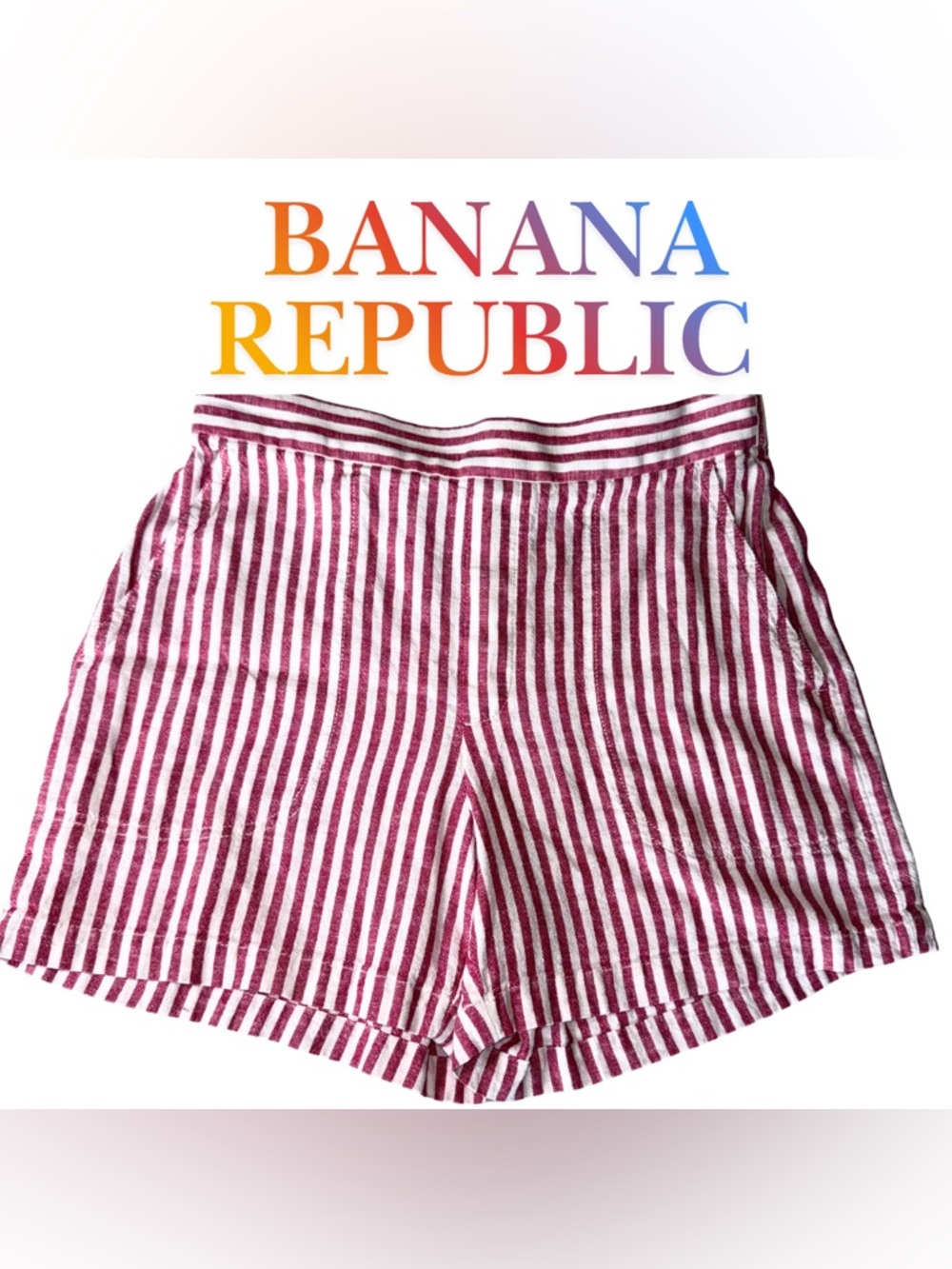 Banana Republic Red White Striped Linen Pull-On Shorts Women’s Size Small